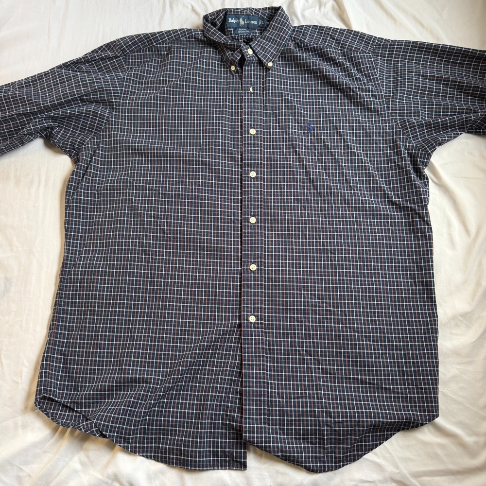 Ralph‎ Lauren Vintage Y2K Black Button Down Shirt Plaid Cotton Men's Large